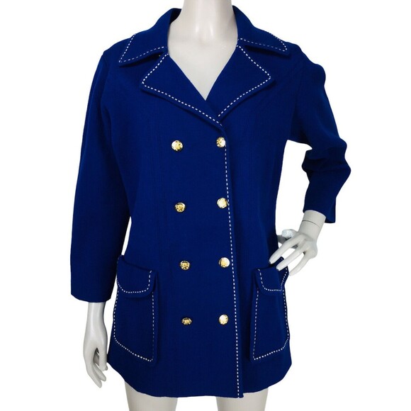 Vintage 70s Rochelle MOD Blue White Stitching Knit Button-Down Sweater Jacket - Picture 1 of 7